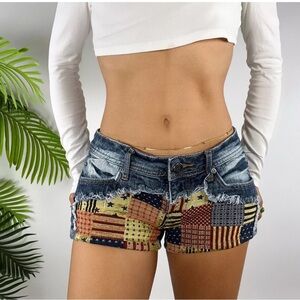 Hot Kiss CICI Mini Shorts Sz 1 American Patchwork Blue Denim Low Rise Dark Wash